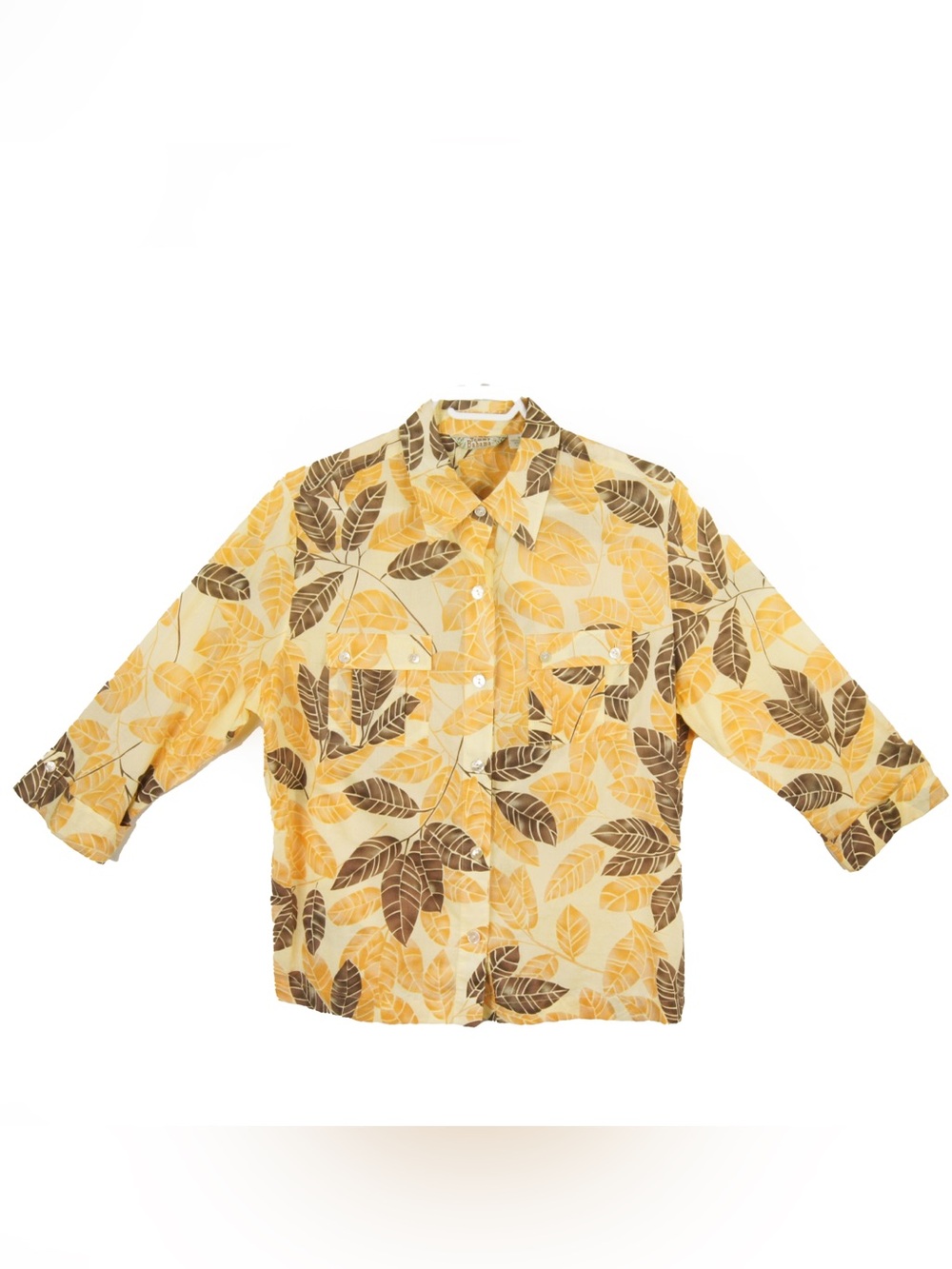 Tommy Bahama Yellow Brown Floral Leaf Print Quarter Sleeve Oversized Blouse